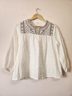 Ivy Egret White Embroidered Boho Peasant Blouse Top Cottagecore Coastal S
